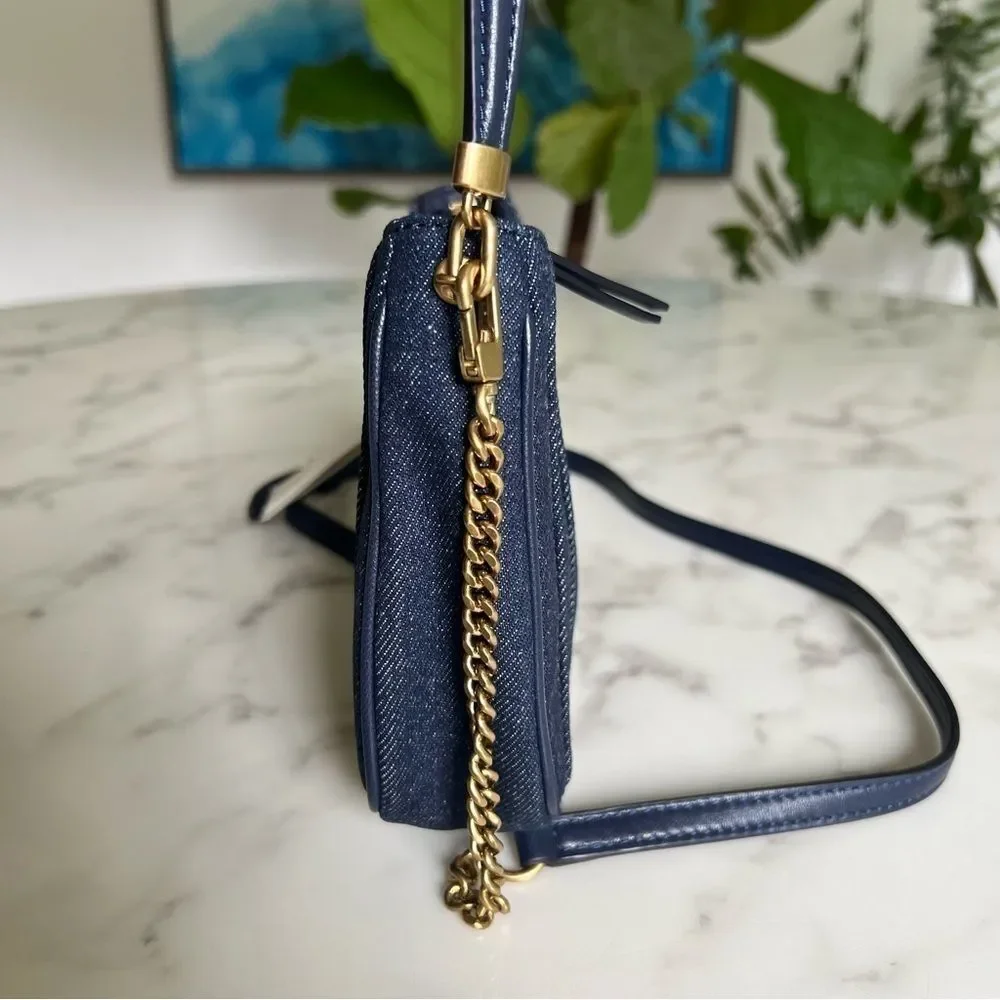 NWT Tory Burch Kira Denim Mini Quilted Crossbody Shoulder Bag Gold Navy Blue
